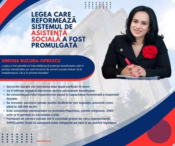 Simona Bucura-Oprescu: Noua lege a asistenței sociale a fost promulgată
